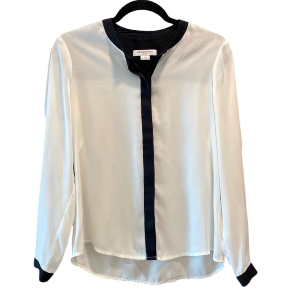 🔴 Liz Claiborne Off-white/Black Sheer Button-down Long Sleeved Blouse Size PM